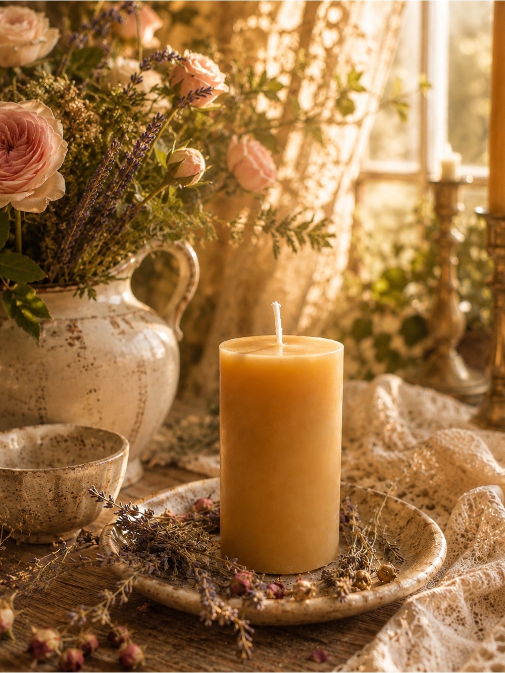 Golden Beeswax Pillar Candle